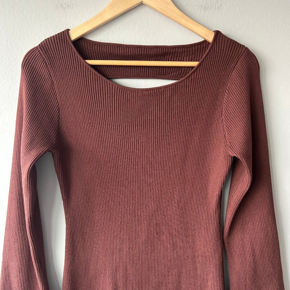 Commense Brown Ribbed Knit Midi Dress Long Sleeve Women’s Size S - Picture 2 of 7